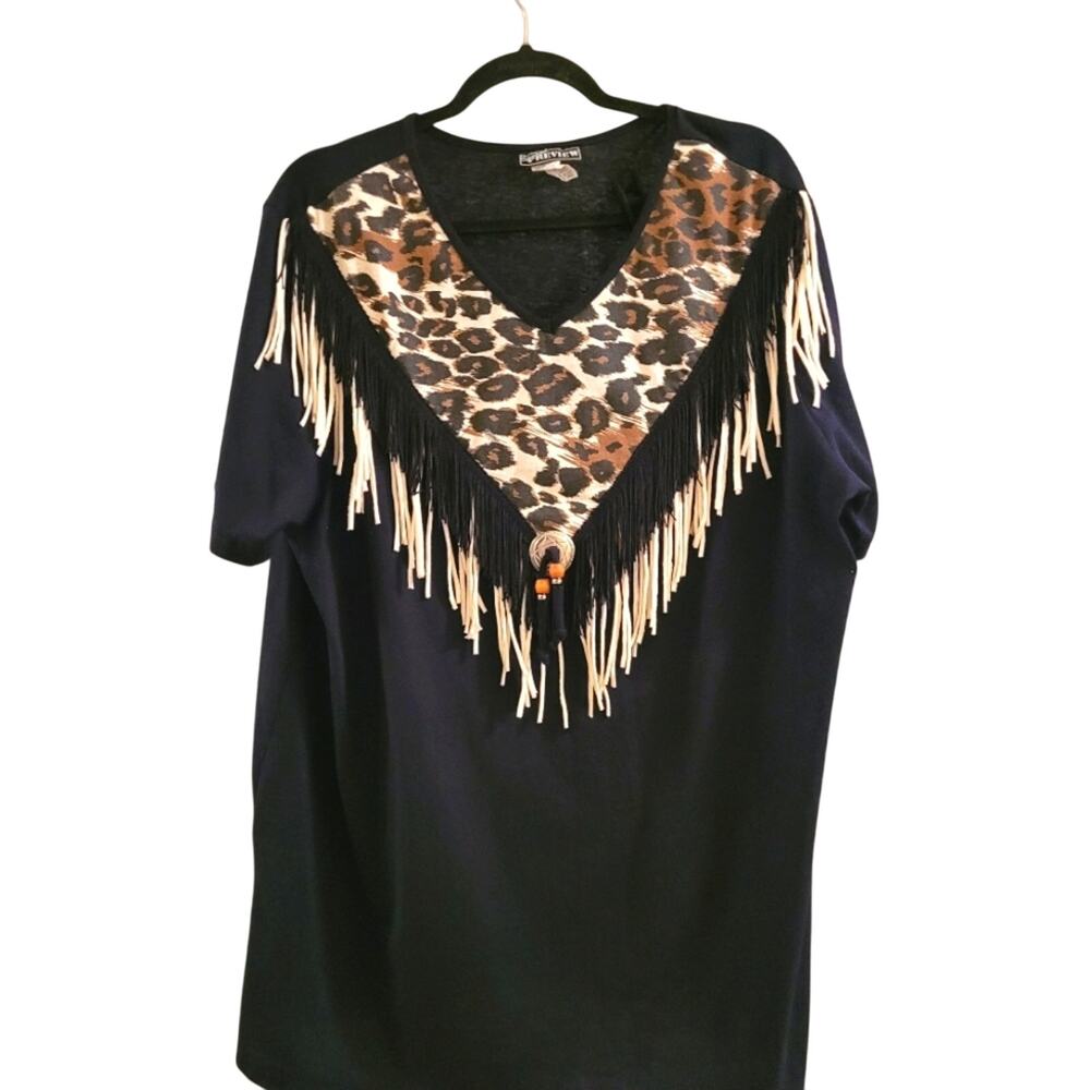 Vtg 80s Womens Leopard Fringe V-Neck Blouse T- Shirt Size L USA Made
